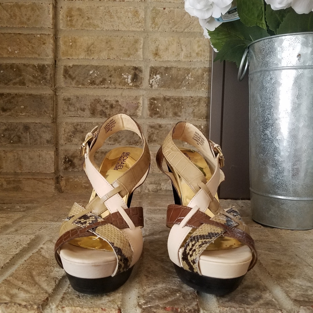 AUTHENTIC Michael Kors Beige Snakeskin Brown Black Leather Platform Sandals - Picture 4 of 11